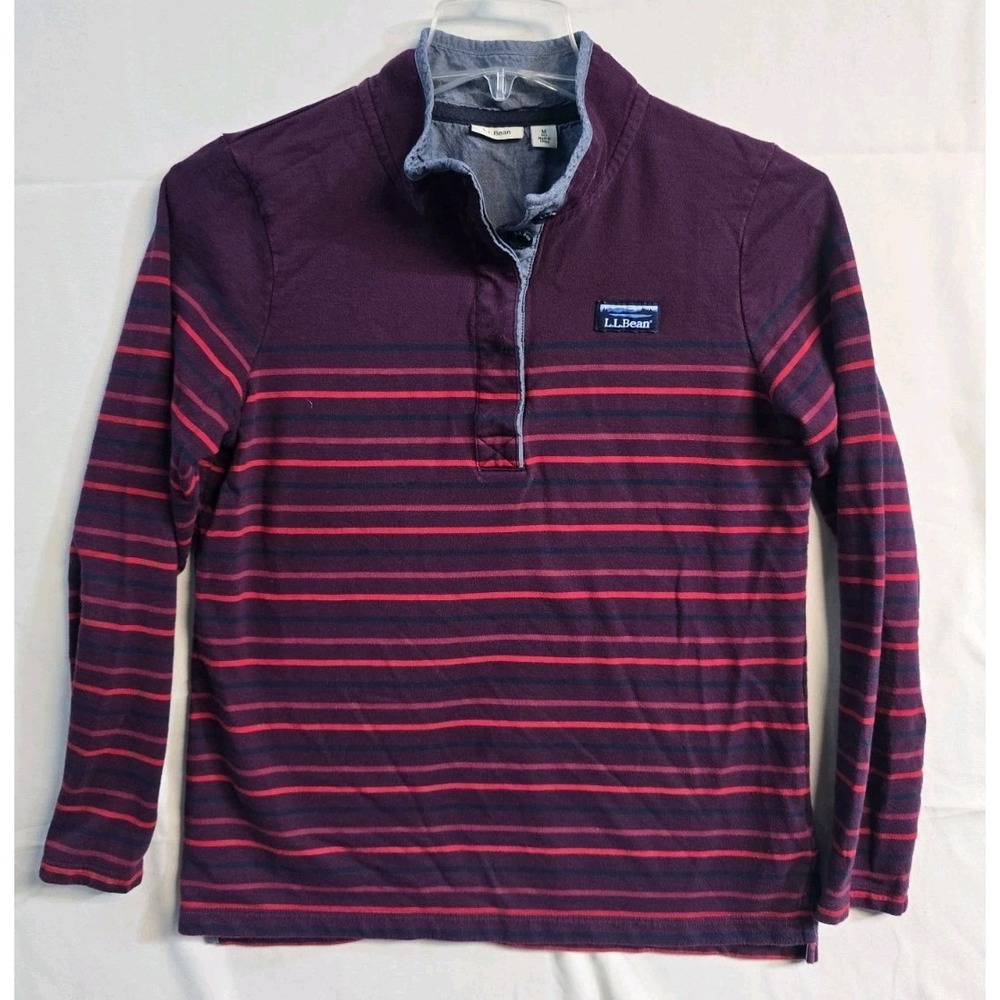 LL Bean Top Rugby Long Sleeve Striped Blue Red Soft Cotton Women's M